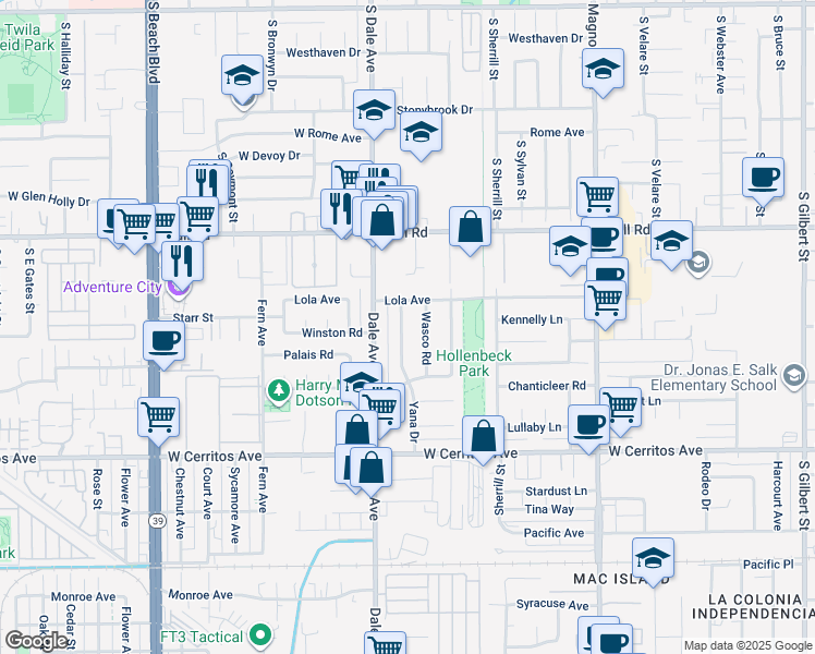 map of restaurants, bars, coffee shops, grocery stores, and more near 10211 Yana Drive in Stanton