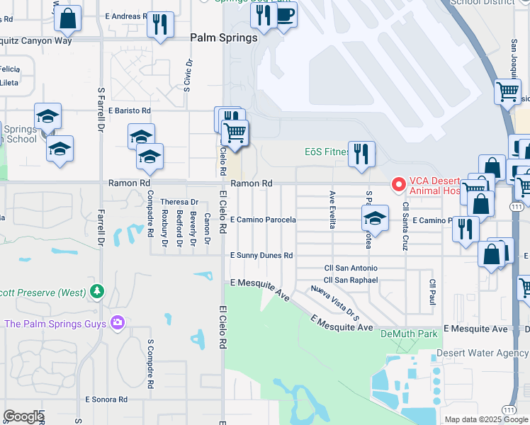 map of restaurants, bars, coffee shops, grocery stores, and more near 573 Desert Way in Palm Springs