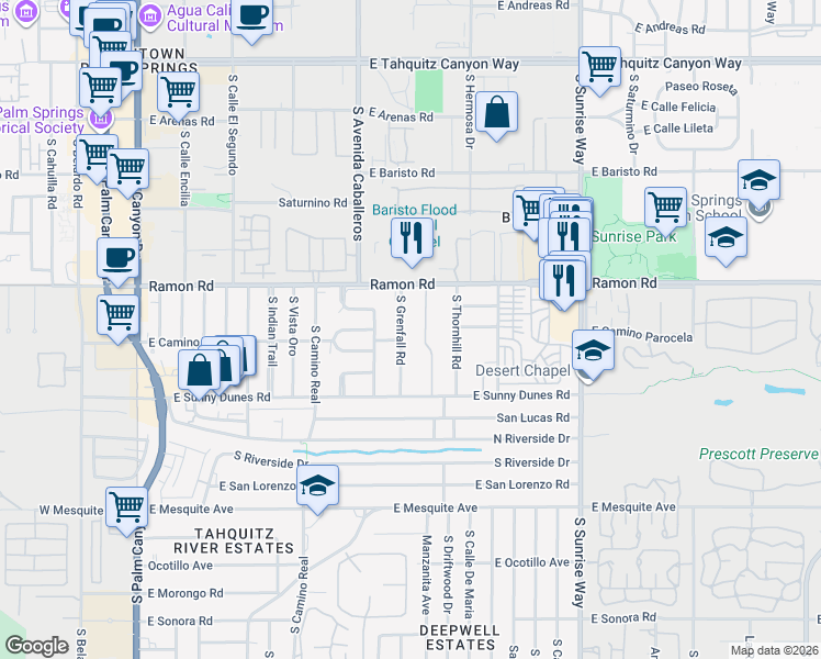 map of restaurants, bars, coffee shops, grocery stores, and more near 560 South Grenfall Road in Palm Springs