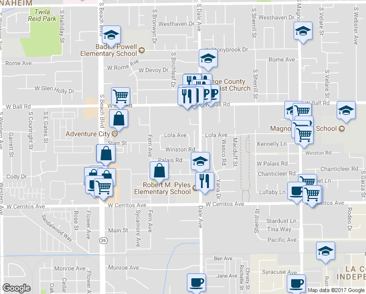 map of restaurants, bars, coffee shops, grocery stores, and more near 10214 Banff Street in Stanton