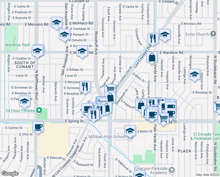 map of restaurants, bars, coffee shops, grocery stores, and more near 3160 Senasac Avenue in Long Beach