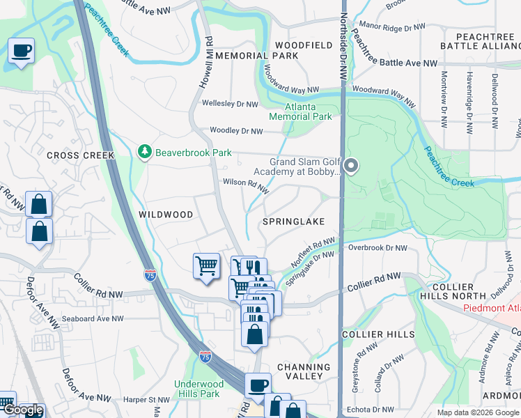 map of restaurants, bars, coffee shops, grocery stores, and more near 2158 Belvedere Drive Northwest in Atlanta