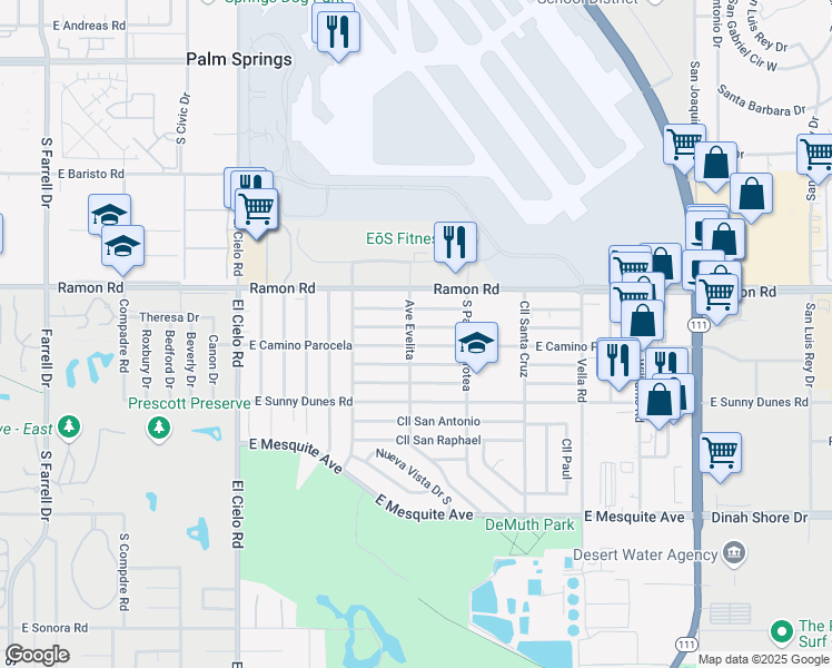 map of restaurants, bars, coffee shops, grocery stores, and more near 3921 East Cll De Carlos in Palm Springs