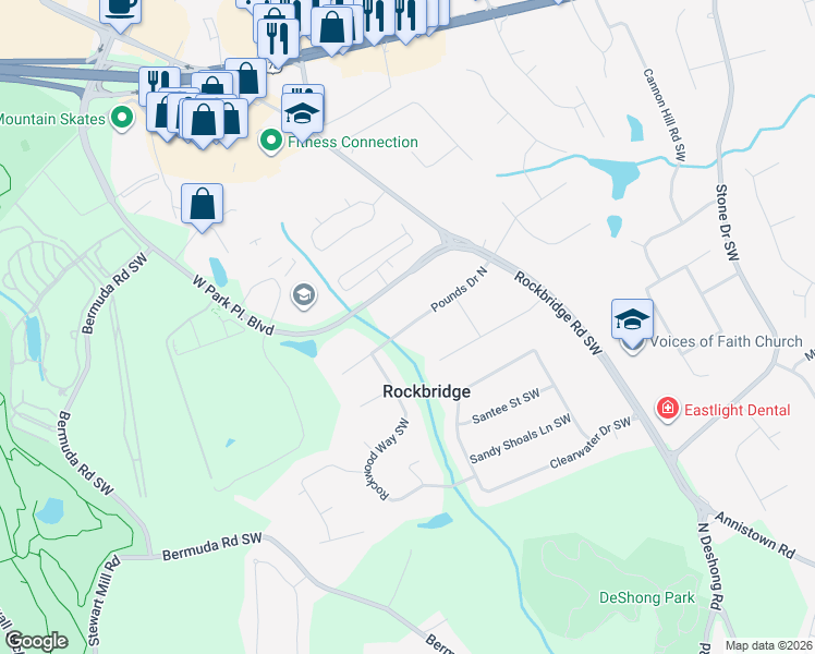 map of restaurants, bars, coffee shops, grocery stores, and more near 5324 Pounds Drive North in Stone Mountain