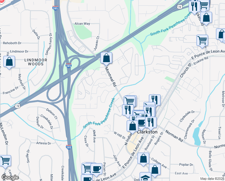 map of restaurants, bars, coffee shops, grocery stores, and more near 101 Plantation Drive in Clarkston