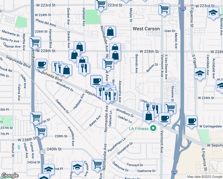 map of restaurants, bars, coffee shops, grocery stores, and more near 23225 Mariposa Avenue in Torrance