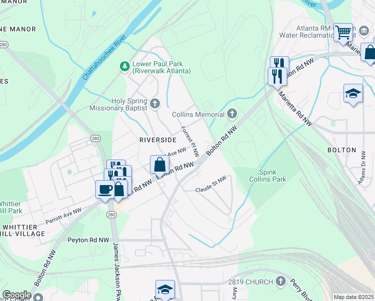 map of restaurants, bars, coffee shops, grocery stores, and more near 2498 Forrest Avenue Northwest in Atlanta