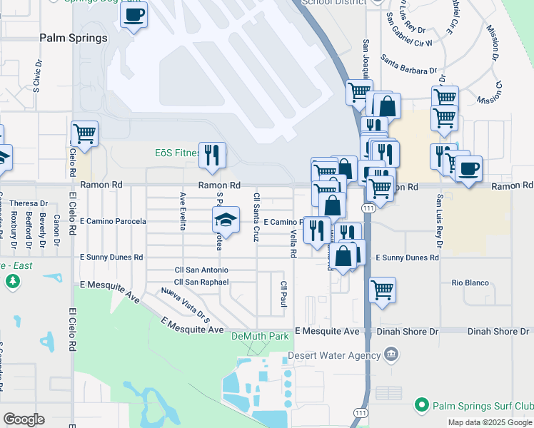 map of restaurants, bars, coffee shops, grocery stores, and more near 4351 East Calle De Carlos in Palm Springs