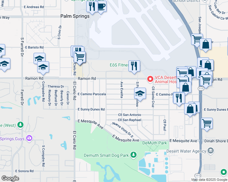 map of restaurants, bars, coffee shops, grocery stores, and more near 3777 East Calle De Carlos in Palm Springs