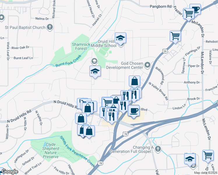 map of restaurants, bars, coffee shops, grocery stores, and more near 2812 Laurel Ridge Dr in Decatur