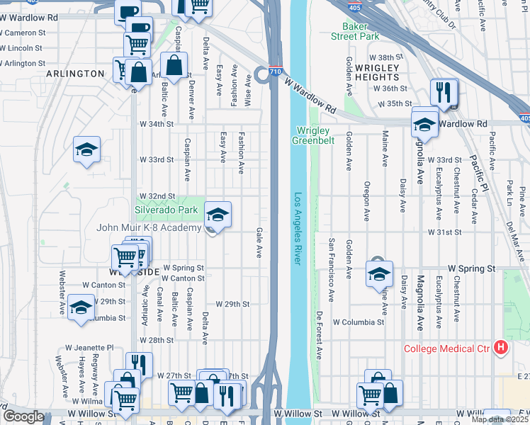 map of restaurants, bars, coffee shops, grocery stores, and more near 3150 Gale Ave in Long Beach