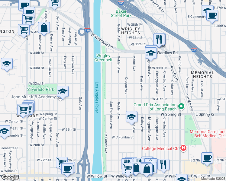 map of restaurants, bars, coffee shops, grocery stores, and more near 3154 San Francisco Avenue in Long Beach