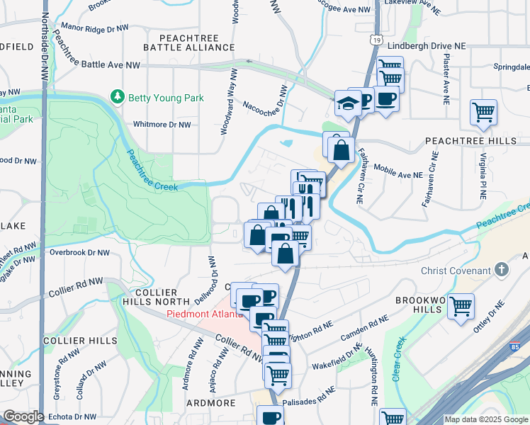 map of restaurants, bars, coffee shops, grocery stores, and more near 211 Colonial Homes Drive Northwest in Atlanta