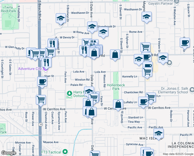 map of restaurants, bars, coffee shops, grocery stores, and more near 10211 Yana Drive in Stanton