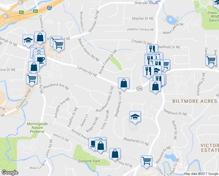 map of restaurants, bars, coffee shops, grocery stores, and more near 1444 Woodland Hills Drive Northeast in Atlanta