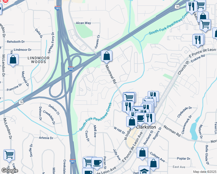 map of restaurants, bars, coffee shops, grocery stores, and more near 115 Plantation Drive in Clarkston