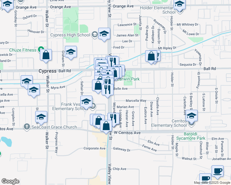 map of restaurants, bars, coffee shops, grocery stores, and more near 6043 Myra Avenue in Buena Park