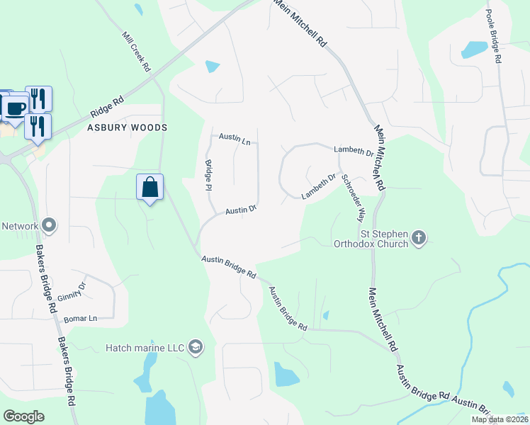 map of restaurants, bars, coffee shops, grocery stores, and more near 300 Austin Drive in Douglasville