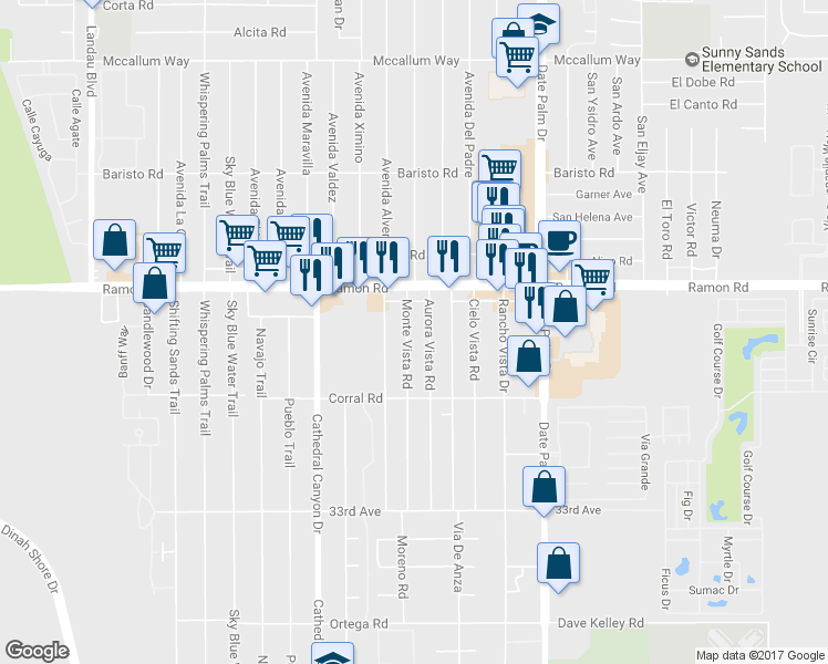 map of restaurants, bars, coffee shops, grocery stores, and more near 32214 Monte Vista Road in Cathedral City