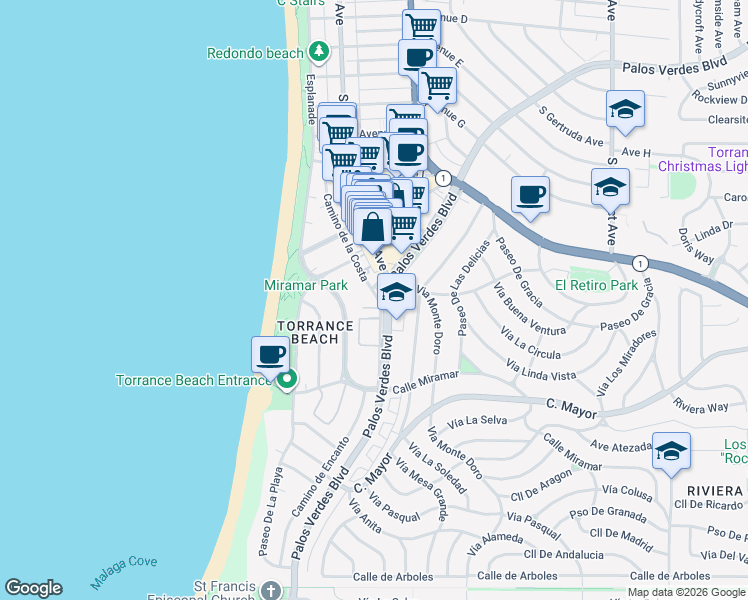 map of restaurants, bars, coffee shops, grocery stores, and more near 319 Palos Verdes Boulevard in Redondo Beach