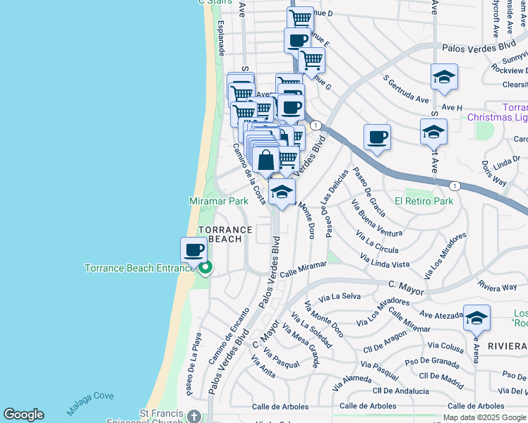 map of restaurants, bars, coffee shops, grocery stores, and more near 319 Palos Verdes Boulevard in Redondo Beach