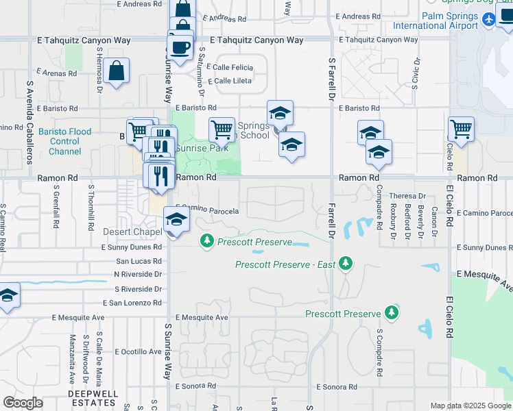 map of restaurants, bars, coffee shops, grocery stores, and more near 2117 Sunshine Way in Palm Springs