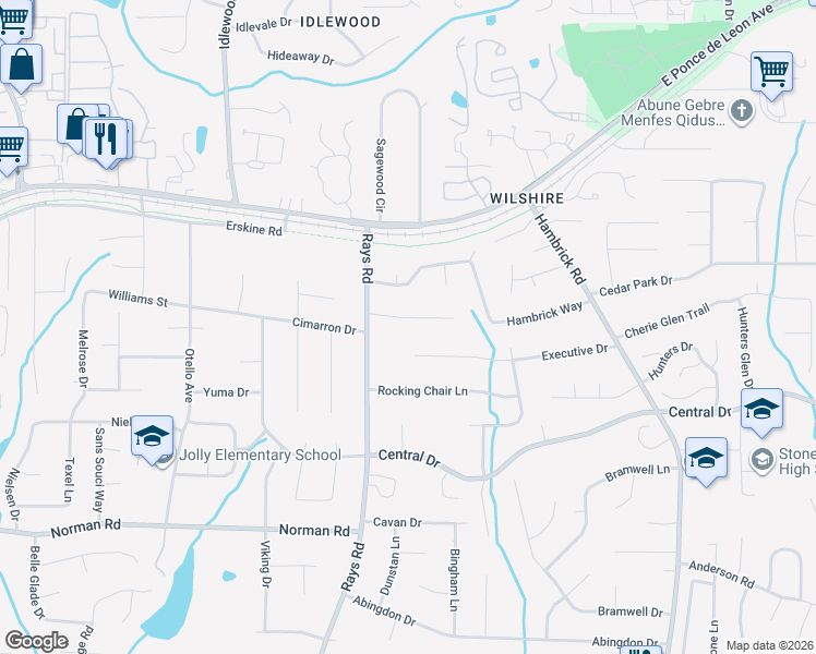map of restaurants, bars, coffee shops, grocery stores, and more near 4227 Oakwoods Court in Stone Mountain