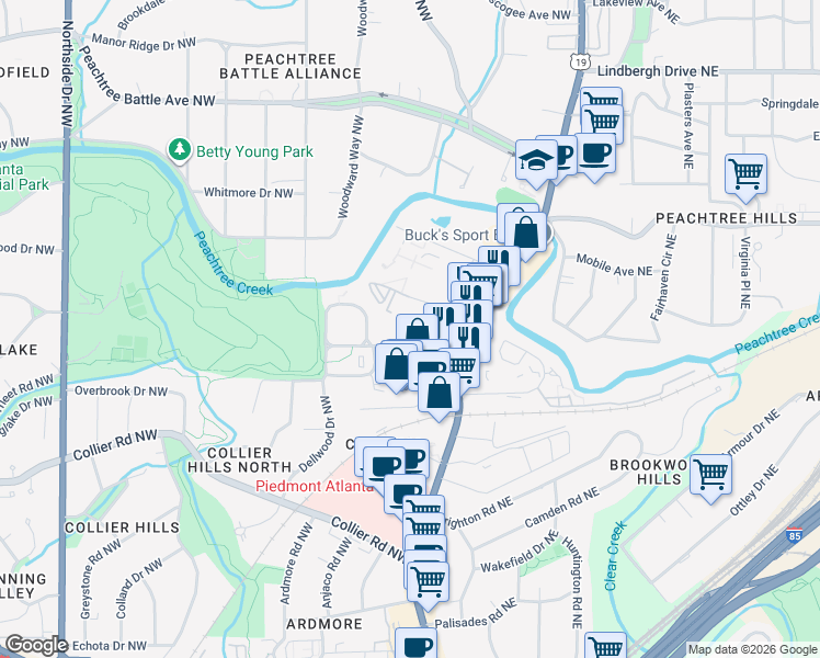 map of restaurants, bars, coffee shops, grocery stores, and more near 211 Colonial Homes Drive Northwest in Atlanta