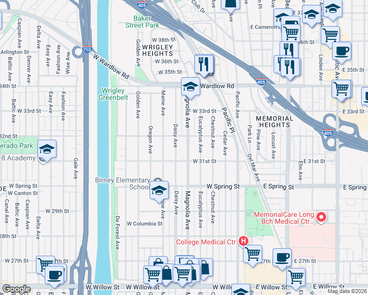 map of restaurants, bars, coffee shops, grocery stores, and more near 3151 Magnolia Avenue in Long Beach