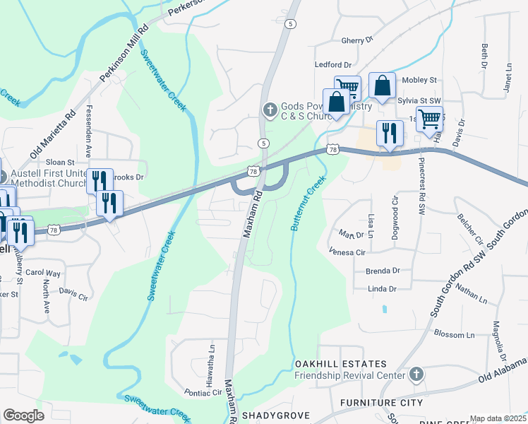 map of restaurants, bars, coffee shops, grocery stores, and more near 5745 Maxham Road in Austell