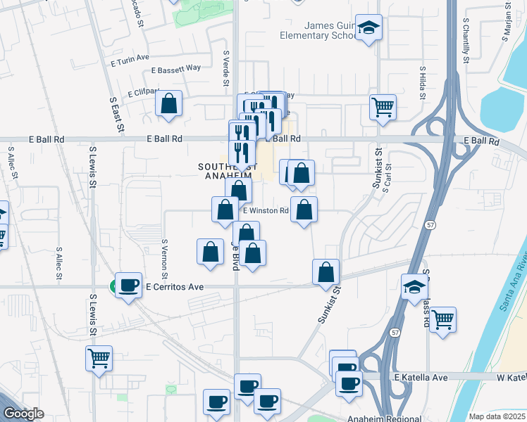 map of restaurants, bars, coffee shops, grocery stores, and more near 2099 South State College Parkway in Anaheim