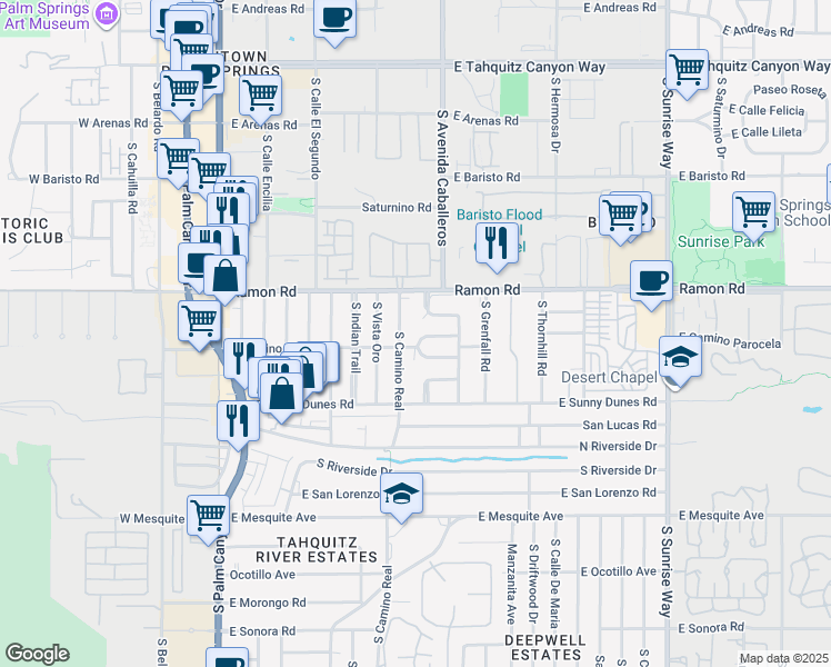 map of restaurants, bars, coffee shops, grocery stores, and more near 940 E Camino Parocela in Palm Springs