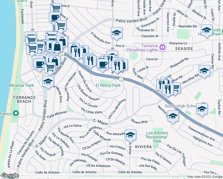 map of restaurants, bars, coffee shops, grocery stores, and more near 220 Vista Del Parque in Redondo Beach