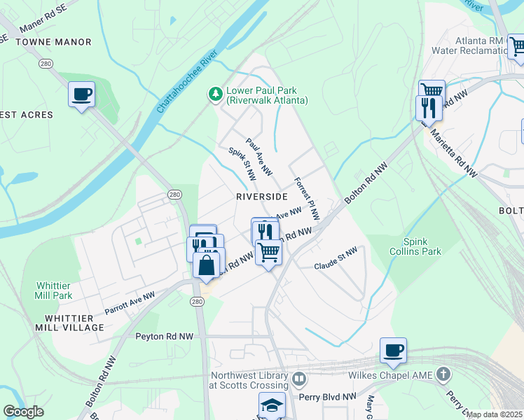 map of restaurants, bars, coffee shops, grocery stores, and more near 2152 Spink Street Northwest in Atlanta