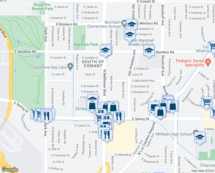 map of restaurants, bars, coffee shops, grocery stores, and more near 3146 North Bellflower Boulevard in Long Beach