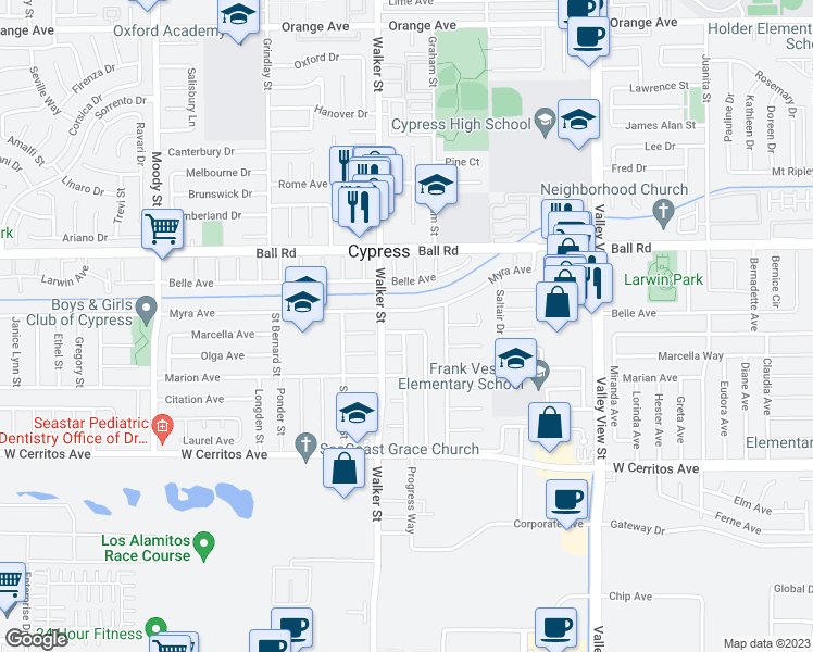 map of restaurants, bars, coffee shops, grocery stores, and more near 5541 Marcella Avenue in Cypress