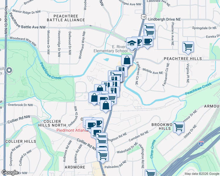 map of restaurants, bars, coffee shops, grocery stores, and more near 2204 Peachtree Road Northwest in Atlanta