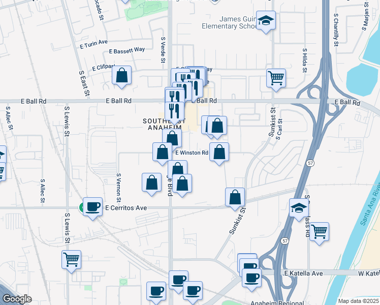 map of restaurants, bars, coffee shops, grocery stores, and more near 2099 South State College Parkway in Anaheim