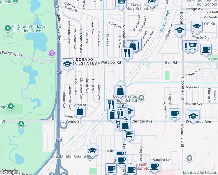 map of restaurants, bars, coffee shops, grocery stores, and more near 8035 Falcon Park Street in Long Beach
