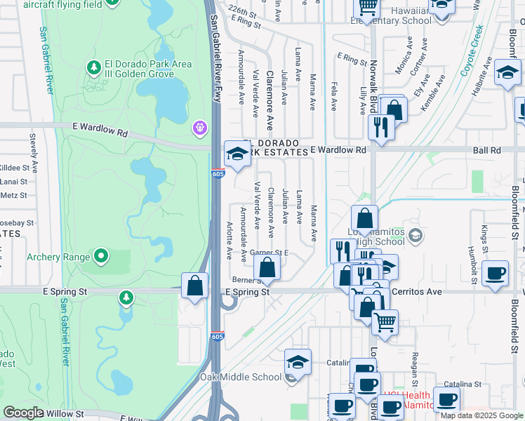 map of restaurants, bars, coffee shops, grocery stores, and more near 3186 Val Verde Avenue in Long Beach