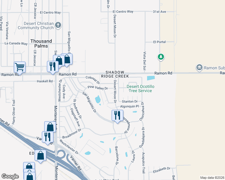 map of restaurants, bars, coffee shops, grocery stores, and more near 73441 Pine Valley Drive in Thousand Palms