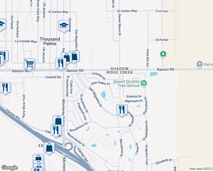 map of restaurants, bars, coffee shops, grocery stores, and more near 73361 Pine Valley Drive in Thousand Palms