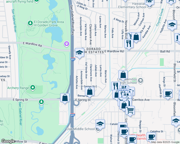 map of restaurants, bars, coffee shops, grocery stores, and more near 3185 Claremore Avenue in Long Beach