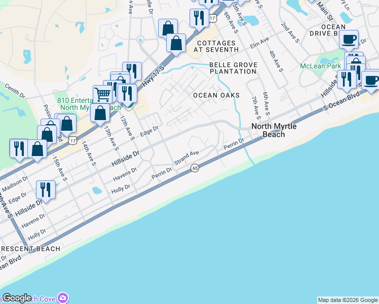 map of restaurants, bars, coffee shops, grocery stores, and more near 401 Seminole Circle in North Myrtle Beach