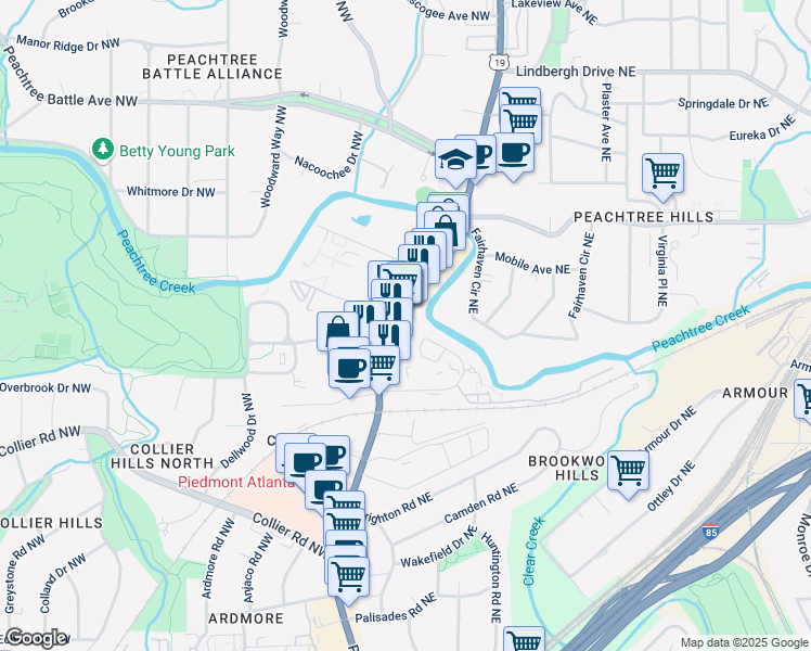 map of restaurants, bars, coffee shops, grocery stores, and more near 2221 Peachtree Park Drive Northeast in Atlanta
