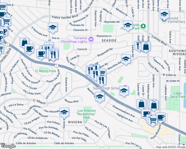 map of restaurants, bars, coffee shops, grocery stores, and more near 5215 Doris Way in Torrance