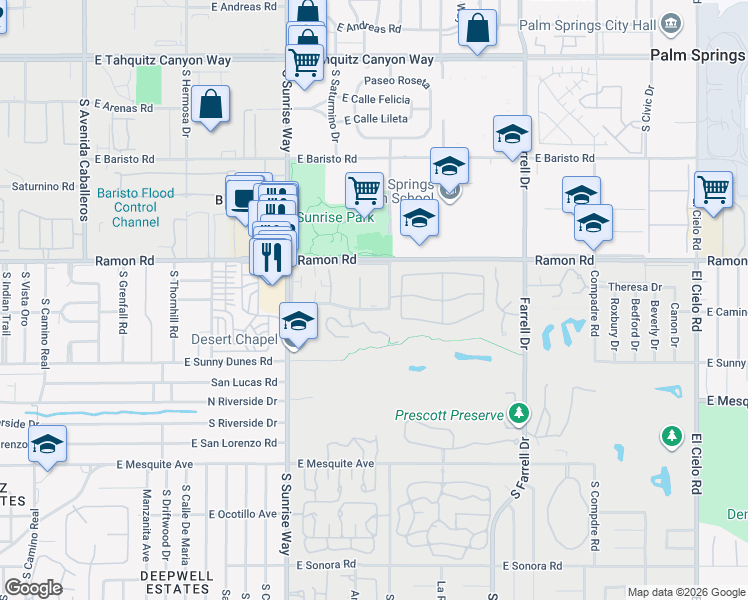map of restaurants, bars, coffee shops, grocery stores, and more near 2033 East Cam Parocela in Palm Springs