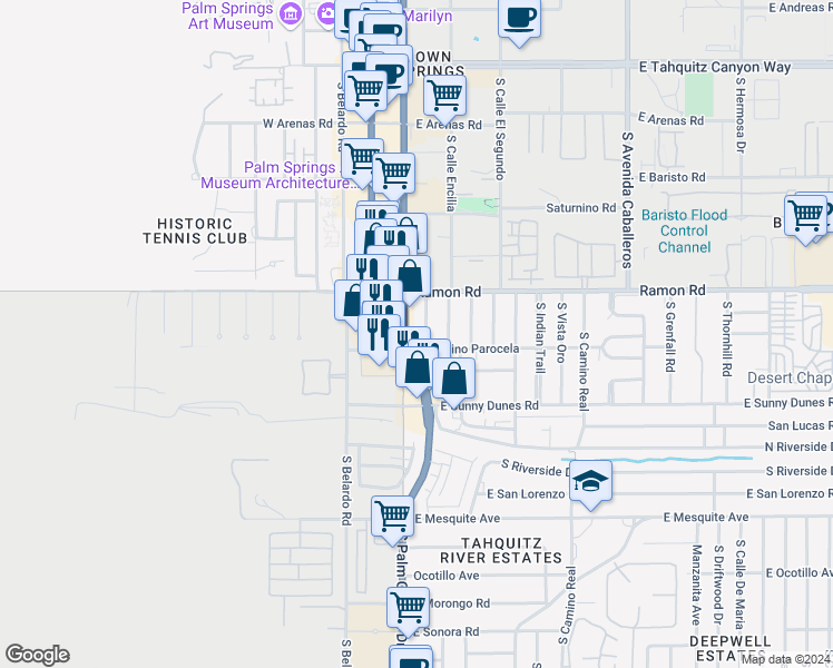 map of restaurants, bars, coffee shops, grocery stores, and more near 575 South Calle Ajo in Palm Springs