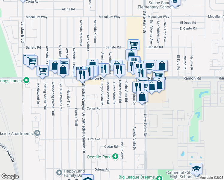 map of restaurants, bars, coffee shops, grocery stores, and more near 32214 Monte Vista Road in Cathedral City