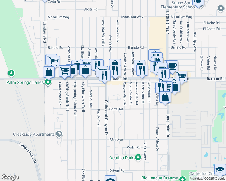 map of restaurants, bars, coffee shops, grocery stores, and more near 32-200 Cathedral Canyon Drive in Cathedral City